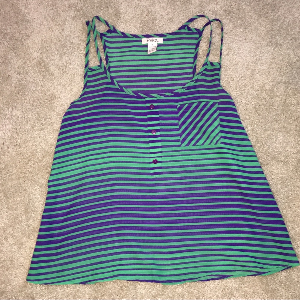 Green & purple semi sheer striped tank top Medium